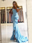 Off Shoulder Blue Satin Mermaid Long Evening Prom Dresses, Cheap Custom Prom Dresses, MR7455