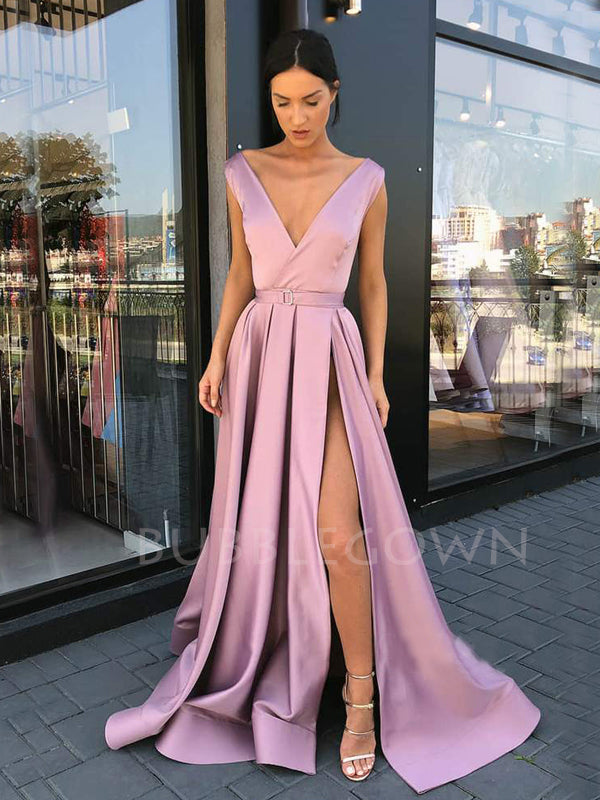 Deep V Neck Satin Long Side Slit Evening Prom Dresses, Cheap Custom prom dresses, MR7365