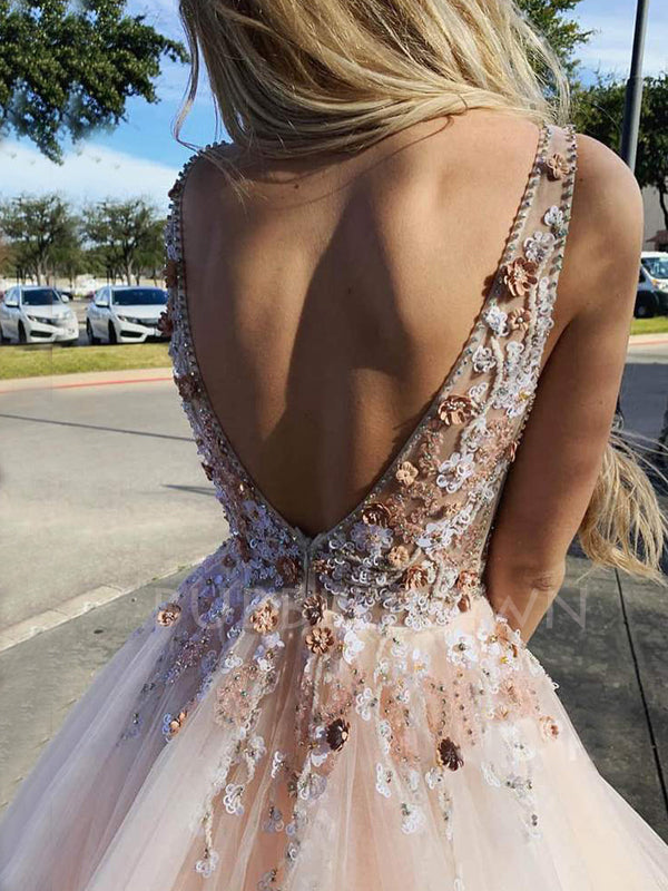 Pink Tulle See Throuth V Neck Appliques Lace A-line Long Evening Prom Dresses, Cheap Custom V Back Prom Dress, MR7466