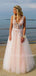 Pink Tulle See Throuth V Neck Appliques Lace A-line Long Evening Prom Dresses, Cheap Custom V Back Prom Dress, MR7466