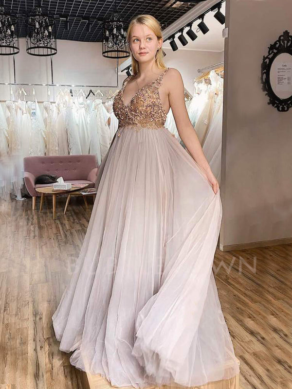 See Throuth V Neck Tulle Appliques Lace A-line Long Evening Prom Dresses, Cheap Custom V Back Prom Dress, MR7467