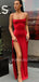 Red Satin Spaghetti Straps Side Slit Long Evening Prom Dresses, Cheap Custom Prom Dresses, MR7472