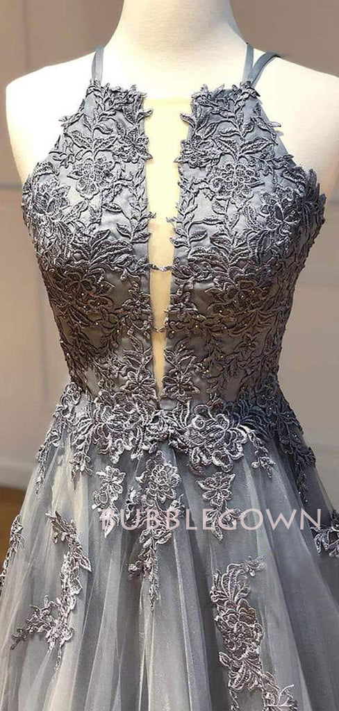 A-Line GreyTulle Appliques Lace Long Deep V Neck Evening Prom Dresses, Cheap Custom Prom Dress, MR7475