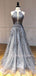 A-Line GreyTulle Appliques Lace Long Deep V Neck Evening Prom Dresses, Cheap Custom Prom Dress, MR7475