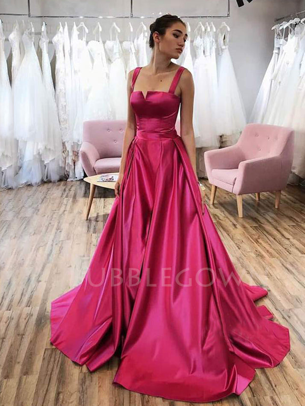 A-line Fuchsia Satin Long Evening Prom Dresses, Cheap Custom prom dresses, MR7477