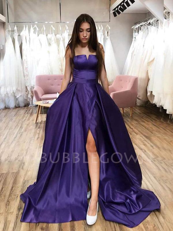 A-line Fuchsia Satin Long Evening Prom Dresses, Cheap Custom prom dresses, MR7477