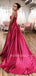 A-line Fuchsia Satin Long Evening Prom Dresses, Cheap Custom prom dresses, MR7477