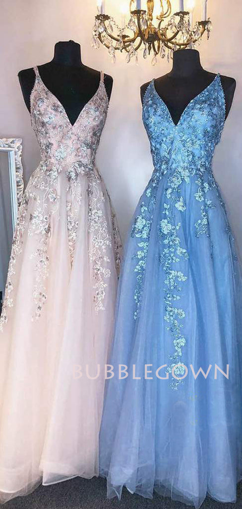 Sexy Deep V Neck A-Line Lace Beaded Long Evening Prom Dresses, Cheap Custom Prom Dresses, MR7481