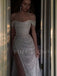 Off Shoulder White Sequin Side Slit Long Evening Prom Dresses, Cheap Sequin Wedding Dresses, MR7482