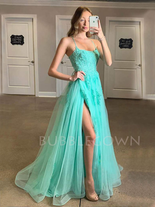 A-line Spaghetti Straps Tulle Side Slit Lace Long Evening Prom Dresses, MR7485