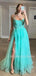 A-line Spaghetti Straps Tulle Side Slit Lace Long Evening Prom Dresses, MR7485