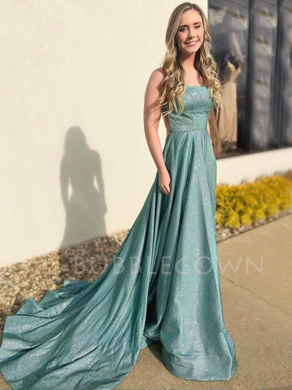 A-Line Spaghetti Straps Sparkly Backless Long Evening Prom Dresses, Cheap Custom Prom Dress, MR7491