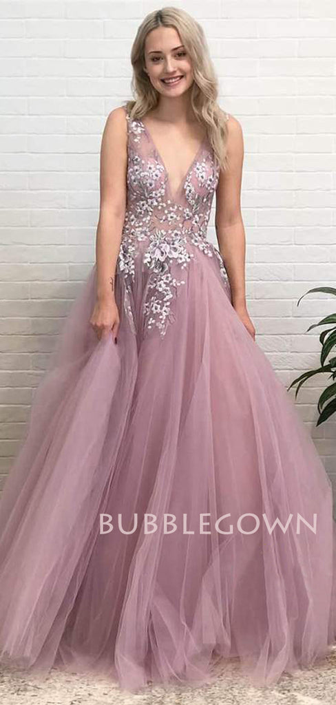 Sexy See Throuth Deep V Neck A-Line Lace Appliques Long Evening Prom Dresses, Cheap Custom Prom Dresses, MR7492