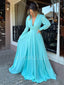 Long Sleeves Deep V Neck Chiffon Long Evening Prom Dresses, Cheap Custom Prom Dresses, MR7496