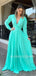 Long Sleeves Deep V Neck Chiffon Long Evening Prom Dresses, Cheap Custom Prom Dresses, MR7496