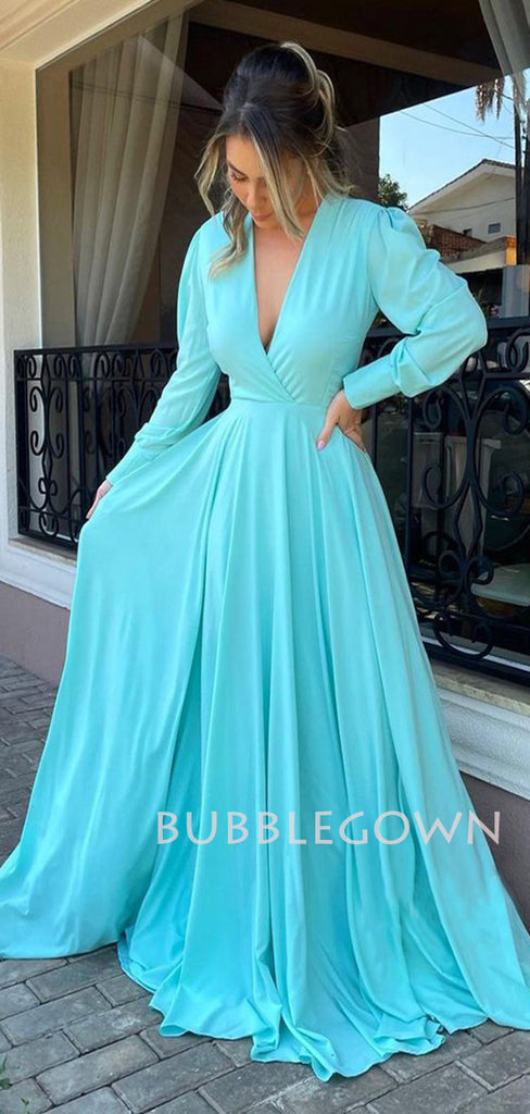 Long Sleeves Deep V Neck Chiffon Long Evening Prom Dresses, Cheap Custom Prom Dresses, MR7496