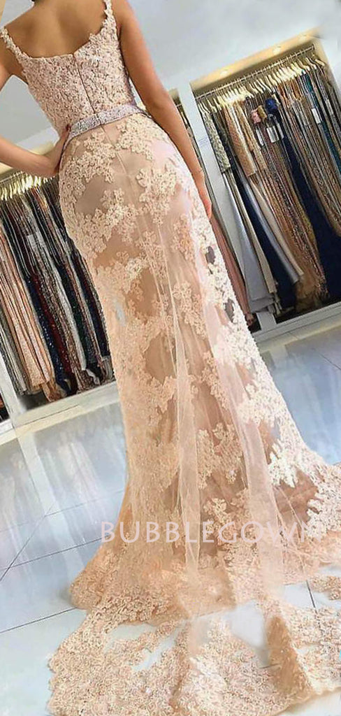 V Neck Appliques Beaded Lace Mermaid Long Evening Prom Dresses, Cheap Custom Prom Dresses, MR7497