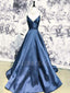 A-Line Satin V Neck Spaghetti Straps Long Backless Evening Prom Dresses, Cheap Custom prom dresses, MR7498