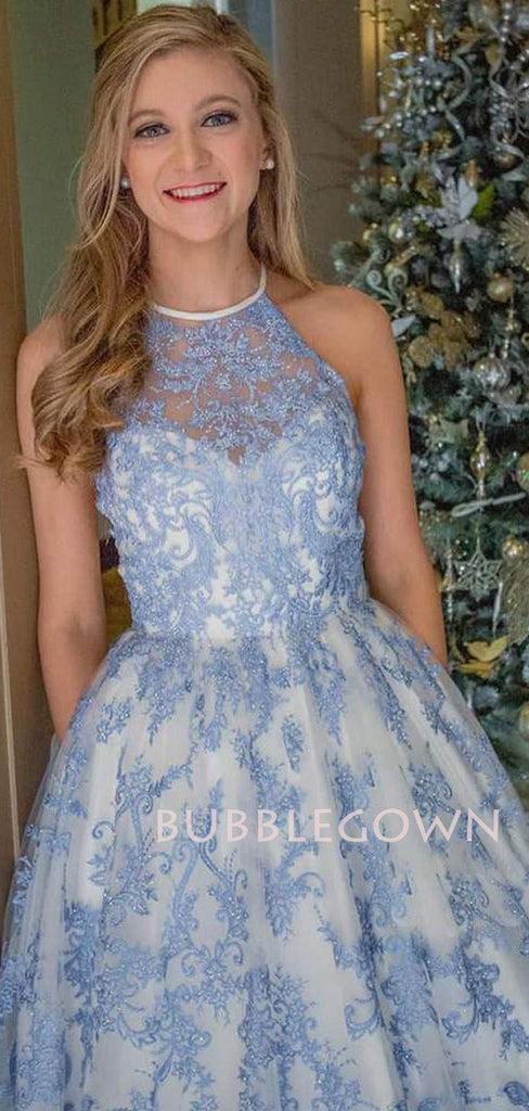 A-line Halter Blue Lace Beaded Long Evening Prom Dresses, Cheap Custom Prom Dress, MR7500