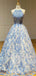 A-line Halter Blue Lace Beaded Long Evening Prom Dresses, Cheap Custom Prom Dress, MR7500