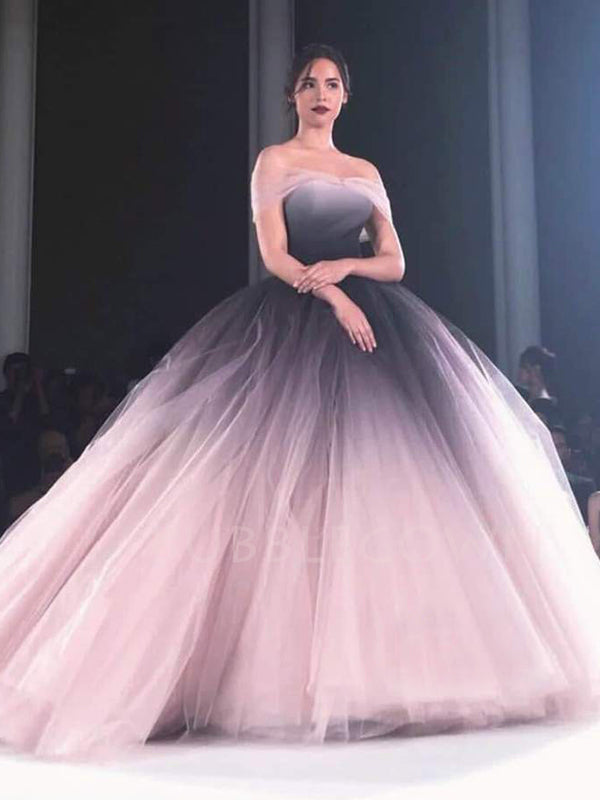 Off Shoulder Ball Gown Pink Tulle Gradient Long Evening Prom Dresses, Cheap Custom Prom Dresses, MR7502