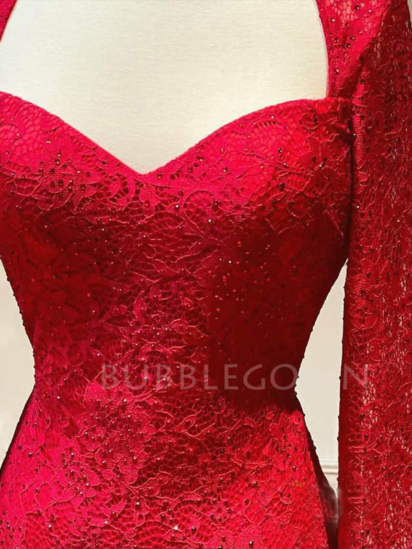 Red Lace Mermaid Long Sleeves Backless Beaded Long Strapless Evening Prom Dresses, MR7516