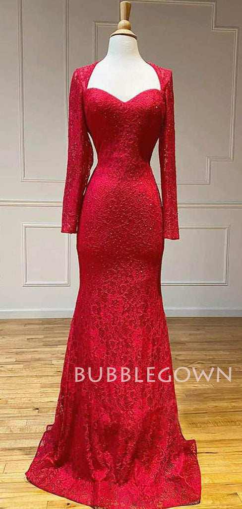 Red Lace Mermaid Long Sleeves Backless Beaded Long Strapless Evening Prom Dresses, MR7516