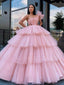 One Shoulder Pink Tulle Ball Gown Long Evening Prom Dresses, Cheap Custom Prom Dresses, MR7519