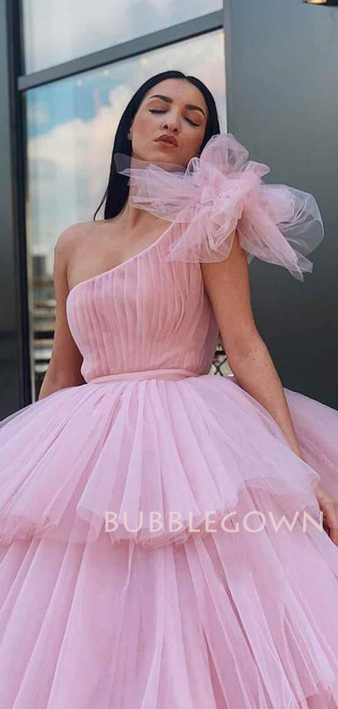 One Shoulder Pink Tulle Ball Gown Long Evening Prom Dresses, Cheap Custom Prom Dresses, MR7519