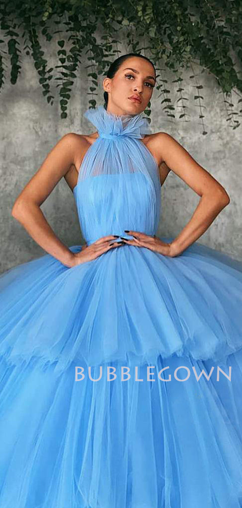 Ball Gown Sky Blue Tulle High Neck Long Evening Prom Dresses, Cheap Custom Prom Dresses, MR7521