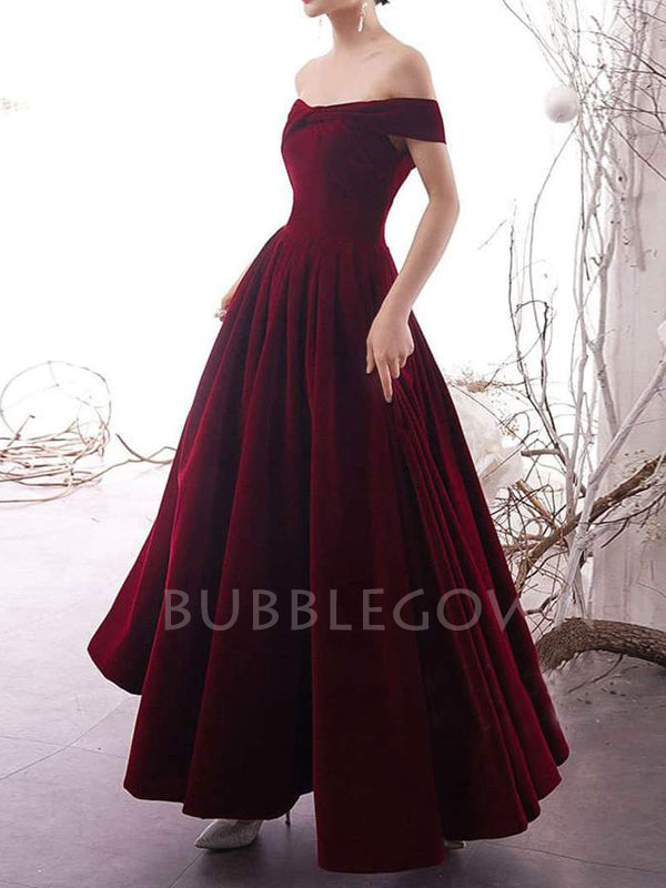 A-line Off-Shoulder Burgundy Velvet Long Evening Prom Dresses, Cheap Custom prom dresses, MR7528