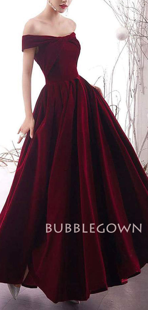 A-line Off-Shoulder Burgundy Velvet Long Evening Prom Dresses, Cheap Custom prom dresses, MR7528