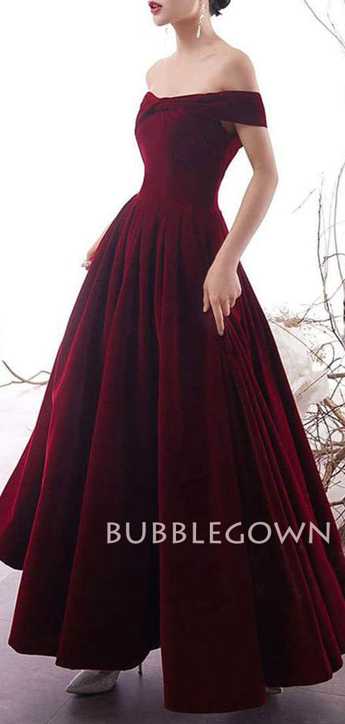 A-line Off-Shoulder Burgundy Velvet Long Evening Prom Dresses, Cheap Custom prom dresses, MR7528