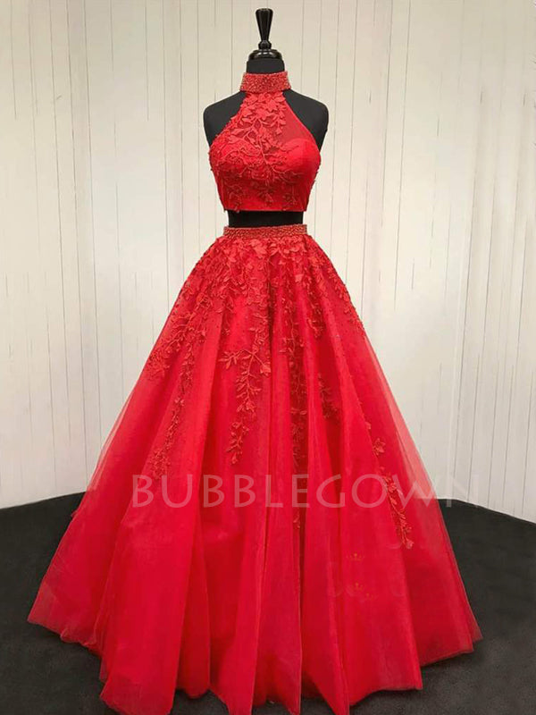 A-line High Neckline Beaded Tulle Appliques Two Piece Senior Halter Long Evening Prom Dresses, Cheap Custom Prom Dress, MR7529