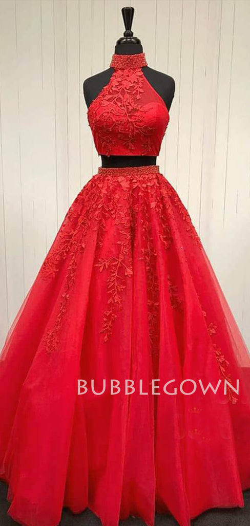 A-line High Neckline Beaded Tulle Appliques Two Piece Senior Halter Long Evening Prom Dresses, Cheap Custom Prom Dress, MR7529