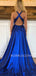 A-line Elastic satin Deep V Neck side Slit Long Evening Prom Dresses, Cheap Custom Prom Dresses, MR7531