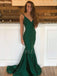 Green Elastic satin Spaghetti Straps mermaid Long Evening Prom Dresses, Cheap Custom Prom Dresses, MR7533