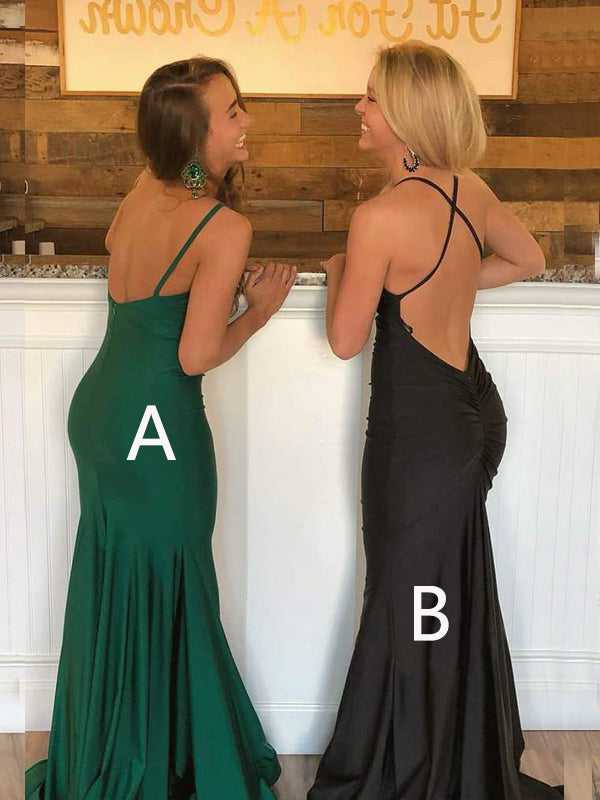 Green Elastic satin Spaghetti Straps mermaid Long Evening Prom Dresses, Cheap Custom Prom Dresses, MR7533