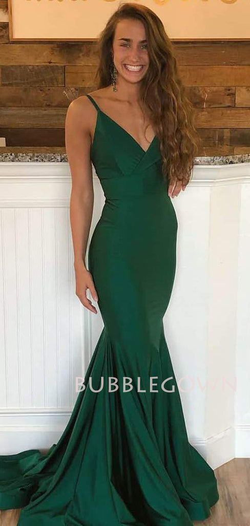 Green Elastic satin Spaghetti Straps mermaid Long Evening Prom Dresses, Cheap Custom Prom Dresses, MR7533