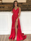 V Neck side Slit A-line Red stretch satin Spaghetti Straps Long Evening Prom Dresses, Cheap Custom Prom Dresses, MR7537