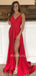 V Neck side Slit A-line Red stretch satin Spaghetti Straps Long Evening Prom Dresses, Cheap Custom Prom Dresses, MR7537