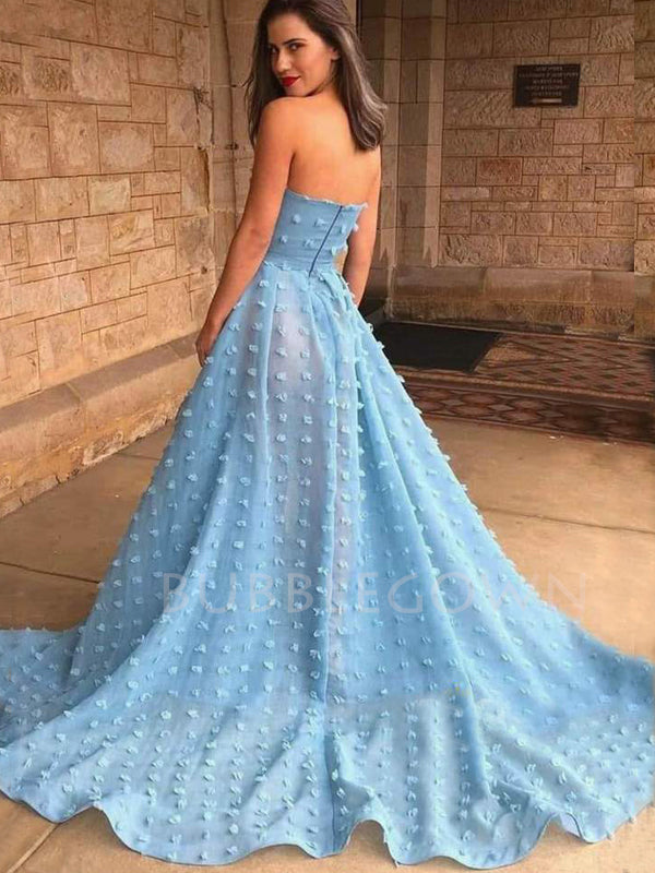 A-line Sky Blue 3D Lace Side Slit Long Evening Prom Dresses, Cheap Custom Prom Dress, MR7542