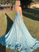 A-line Sky Blue 3D Lace Side Slit Long Evening Prom Dresses, Cheap Custom Prom Dress, MR7542