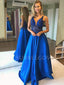 Royal Blue Satin Beaded A-line V Neck Long Backless Evening Prom Dresses, Cheap Custom prom dresses, MR7547