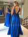 Royal Blue Satin Beaded A-line V Neck Long Backless Evening Prom Dresses, Cheap Custom prom dresses, MR7547