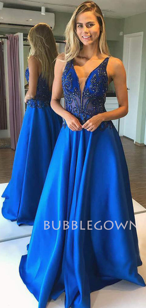 Royal Blue Satin Beaded A-line V Neck Long Backless Evening Prom Dresses, Cheap Custom prom dresses, MR7547