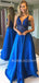 Royal Blue Satin Beaded A-line V Neck Long Backless Evening Prom Dresses, Cheap Custom prom dresses, MR7547