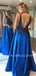 Royal Blue Satin Beaded A-line V Neck Long Backless Evening Prom Dresses, Cheap Custom prom dresses, MR7547