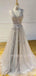 A-line Grey Tulle Appliques V Neck Long Evening Prom Dresses, Cheap Custom Prom Dresses, MR7553