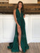 Deep V Neck Green Elastic Satin A-line Long Evening Prom Dresses, Cheap Custom Prom Dresses, MR7554